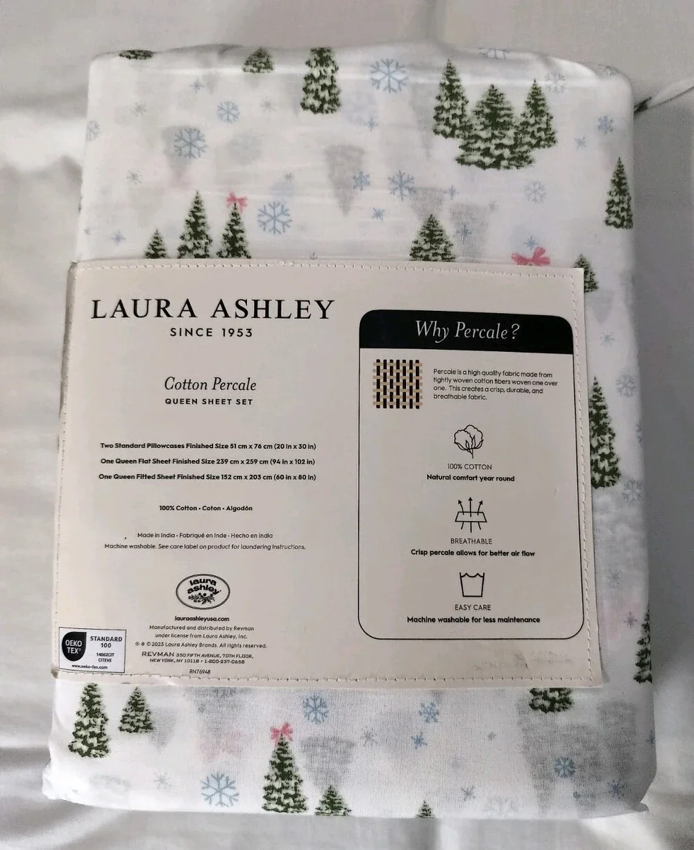 Laura Ashley Queen Sheet Set Floral 4pc 4 Piece 100% Cotton Percale Christmas